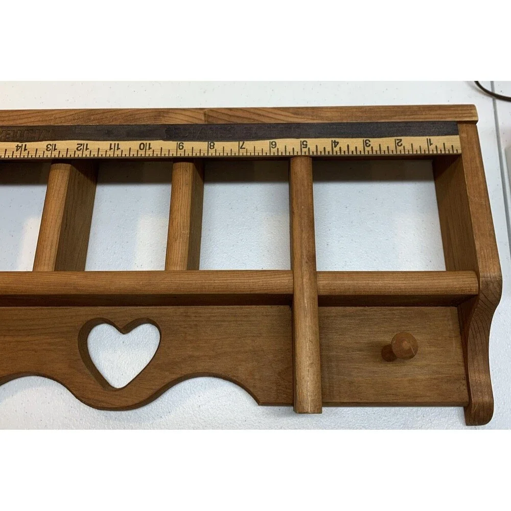 Country Wall Curio Knick Knack Display Shelf Wooden Cubbies Pegs Pine Heart